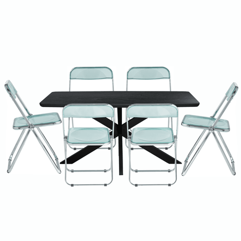 Lawrence 7-Piece Dining Set with Folding Acrylic Dining Chairs and Rectangular Wood Dining Table with Geometric Base for Kitchen and Dining Room