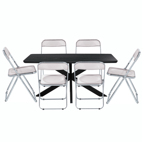 Lawrence 7-Piece Dining Set with Folding Acrylic Dining Chairs and Rectangular Wood Dining Table with Geometric Base for Kitchen and Dining Room