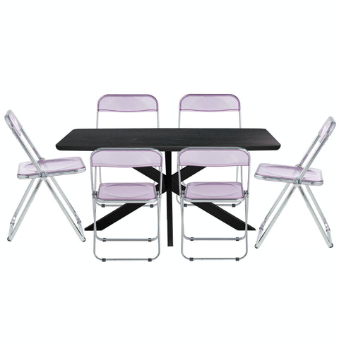 Lawrence 7-Piece Dining Set: Folding Acrylic Chairs & Rectangular Wood Table with Geometric Base