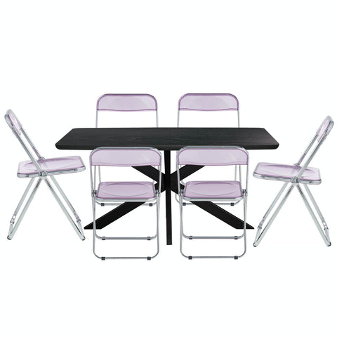Lawrence 7-Piece Dining Set with Folding Acrylic Dining Chairs and Rectangular Wood Dining Table with Geometric Base for Kitchen and Dining Room