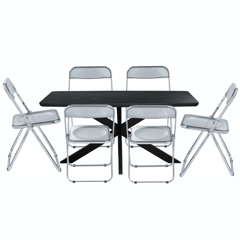 Lawrence 7-Piece Dining Set with Folding Acrylic Dining Chairs and Rectangular Wood Dining Table with Geometric Base for Kitchen and Dining Room