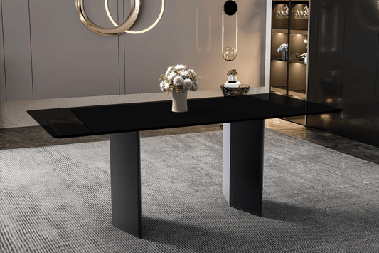 Lior Dining Table Rectangular Glass/Sintered Stone Tabletop and Black Steel Legs