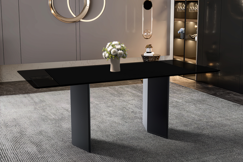 Lior Dining Table with Rectangular Glass/Sintered Stone Tabletop and Black Steel Legs