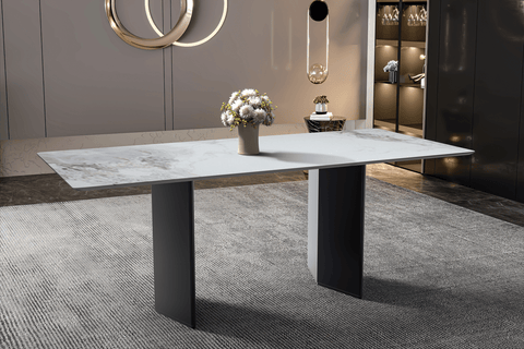 Lior Dining Table with Rectangular Glass/Sintered Stone Tabletop and Black Steel Legs