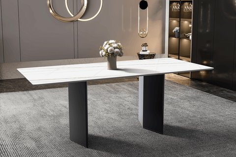 Lior Modern Dining Table with Rectangular Glass/Sintered Stone Tabletop and Black Steel Legs