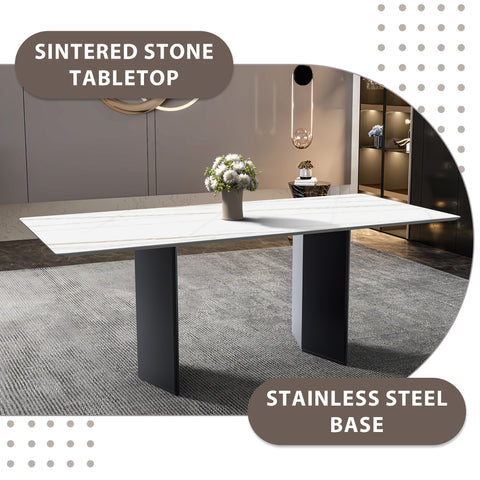 Lior Modern Dining Table with Rectangular Glass/Sintered Stone Tabletop and Black Steel Legs