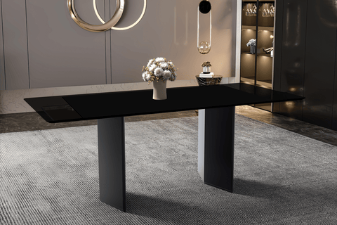 Lior Modern Dining Table with Rectangular Glass/Sintered Stone Tabletop and Black Steel Legs