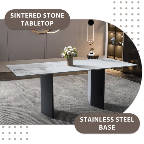 Lior Modern Dining Table with Rectangular Glass/Sintered Stone Tabletop and Black Steel Legs