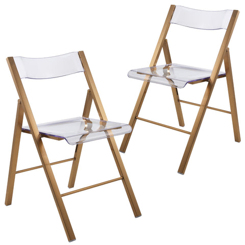 Menno Modern Acrylic Folding Chair in Brushed Gold Finish with Stainless Steel Frame Set of 2