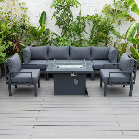 Chelsea 7-Piece Patio Sectional Set in Black Aluminum with Fire Pit Table