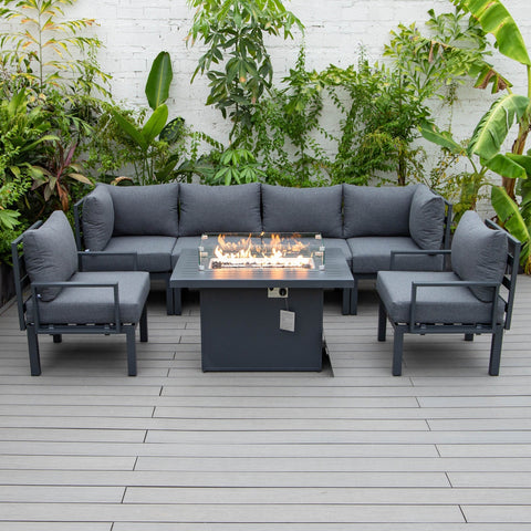 Chelsea 7-Piece Patio Sectional Set in Black Aluminum with Fire Pit Table