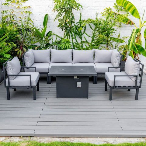 Chelsea 7-Piece Patio Sectional Set in Black Aluminum with Fire Pit Table