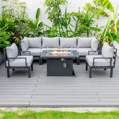 Chelsea 7-Piece Patio Sectional Set in Black Aluminum with Fire Pit Table