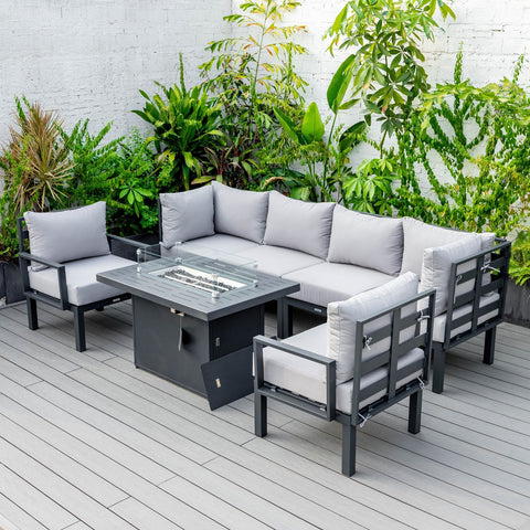 Chelsea 7-Piece Patio Sectional Set in Black Aluminum with Fire Pit Table