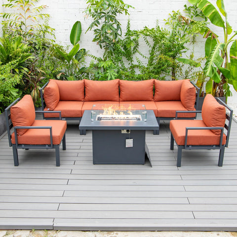 Chelsea 7-Piece Patio Sectional Set in Black Aluminum with Fire Pit Table