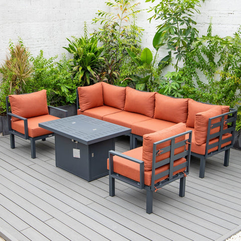 Chelsea 7-Piece Patio Sectional Set in Black Aluminum with Fire Pit Table