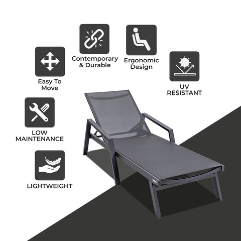 Marlin Patio Chaise Lounge Chair with Armrests in Black Aluminum Frame, Set of 2