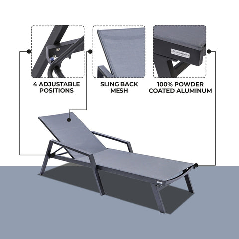 Marlin Patio Chaise Lounge Chair with Armrests in Black Aluminum Frame, Set of 2