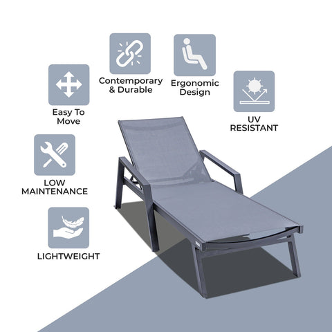 Marlin Patio Chaise Lounge Chair with Armrests in Black Aluminum Frame, Set of 2