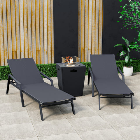 Marlin Modern Black Aluminum Outdoor Chaise Lounge Chair Set of 2 With Arms and Square Fire Pit Side Table for Patio