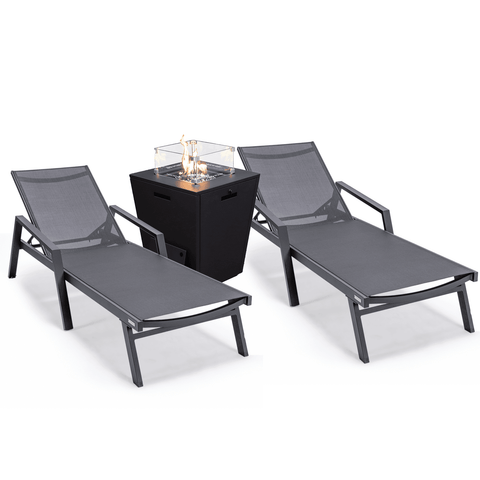 Marlin Modern Black Aluminum Outdoor Chaise Lounge Chair Set of 2 With Arms and Square Fire Pit Side Table for Patio