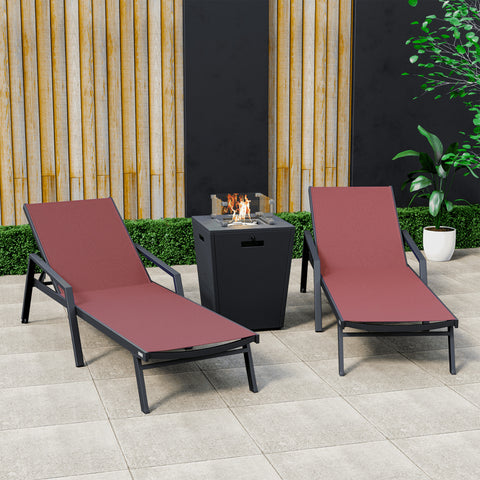 Marlin Modern Black Aluminum Outdoor Chaise Lounge Chair Set of 2 With Arms and Square Fire Pit Side Table for Patio