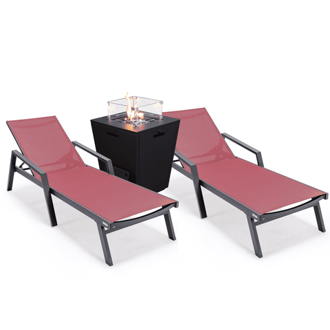 Marlin Modern Black Aluminum Outdoor Chaise Lounge Chair Set of 2 With Arms and Square Fire Pit Side Table for Patio