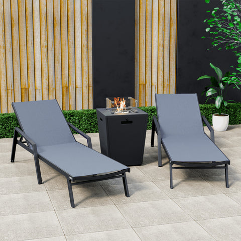 Marlin Modern Black Aluminum Outdoor Chaise Lounge Chair Set of 2 With Arms and Square Fire Pit Side Table for Patio