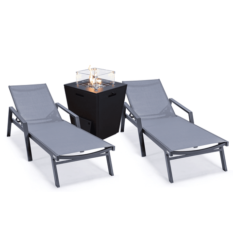 Marlin Modern Black Aluminum Outdoor Chaise Lounge Chair Set of 2 With Arms and Square Fire Pit Side Table for Patio