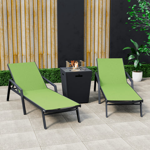 Marlin Modern Black Aluminum Outdoor Chaise Lounge Chair Set of 2 With Arms and Square Fire Pit Side Table for Patio