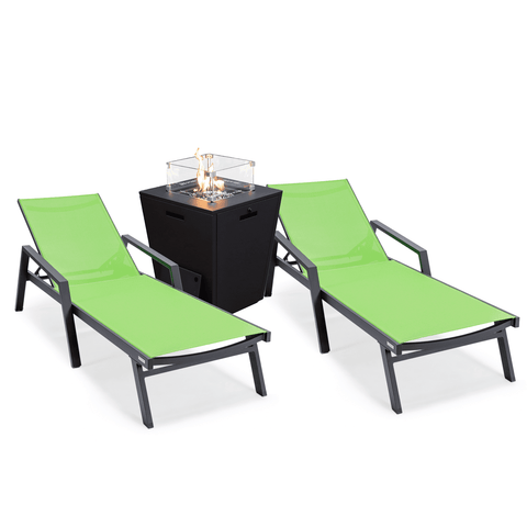 Marlin Modern Black Aluminum Outdoor Chaise Lounge Chair Set of 2 With Arms and Square Fire Pit Side Table for Patio