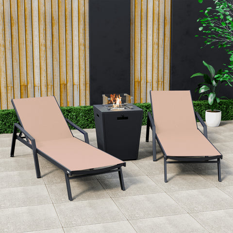 Marlin Modern Black Aluminum Outdoor Chaise Lounge Chair Set of 2 With Arms and Square Fire Pit Side Table for Patio