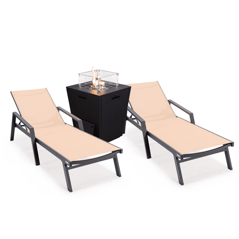 Marlin Modern Black Aluminum Outdoor Chaise Lounge Chair Set of 2 With Arms and Square Fire Pit Side Table for Patio