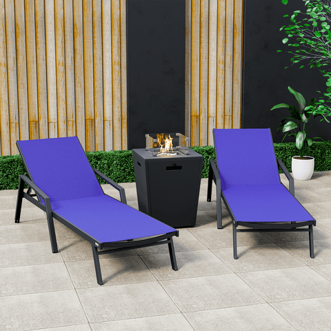 Marlin Modern Black Aluminum Outdoor Chaise Lounge Chair Set of 2 With Arms and Square Fire Pit Side Table for Patio