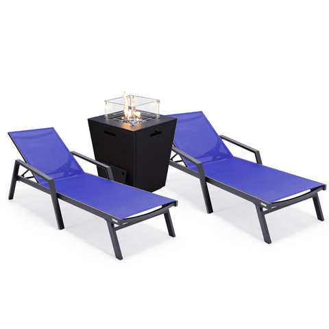 Marlin Modern Black Aluminum Outdoor Chaise Lounge Chair Set of 2 With Arms and Square Fire Pit Side Table for Patio