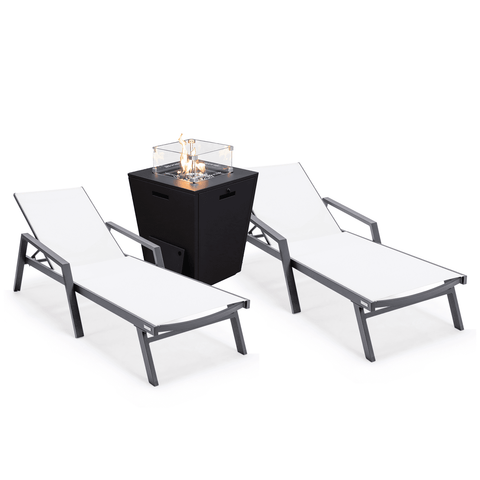 Marlin Modern Black Aluminum Outdoor Chaise Lounge Chair Set of 2 With Arms and Square Fire Pit Side Table for Patio