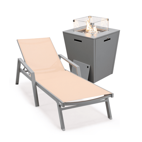 Marlin Aluminum Outdoor Chaise Lounge Chair with a Square Fire Pit Table