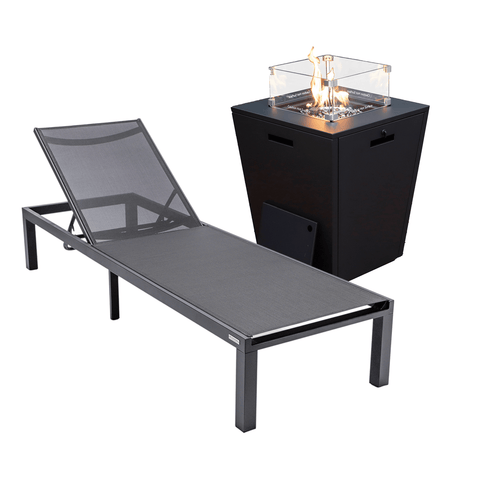 Marlin Modern Black Aluminum Outdoor Patio Chaise Lounge Chair with Square Fire Pit Side Table