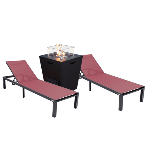 Marlin Modern Black Aluminum Outdoor Chaise Lounge Chair With Square Fire Pit Side Table Set of 2