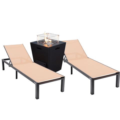 Marlin Modern Black Aluminum Outdoor Chaise Lounge Chair With Square Fire Pit Side Table Set of 2