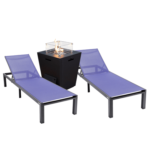 Marlin Modern Black Aluminum Outdoor Chaise Lounge Chair With Square Fire Pit Side Table Set of 2