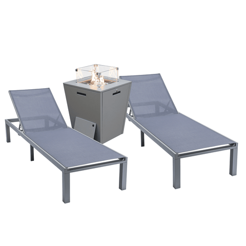 Marlin Modern Gray Aluminum Outdoor Chaise Lounge Chair With Square Fire Pit Side Table Set of 2