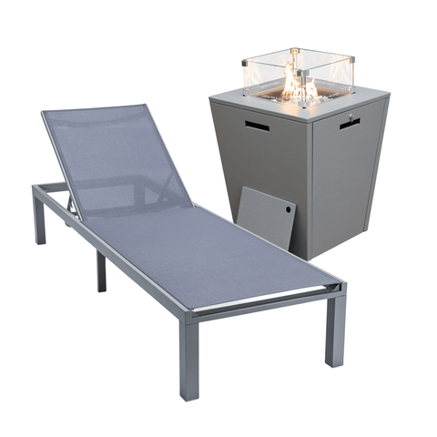 Marlin Modern Grey Aluminum Outdoor Patio Chaise Lounge Chair with Square Fire Pit Side Table