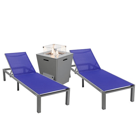 Marlin Modern Gray Aluminum Outdoor Chaise Lounge Chair With Square Fire Pit Side Table Set of 2