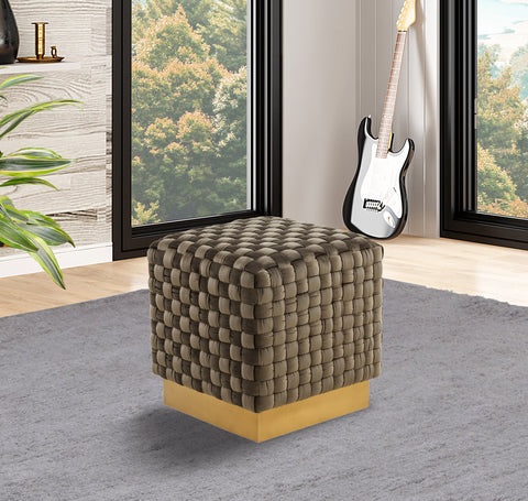 Myrtle 19" Square Weave Design Velvet Ottoman With Gold Base