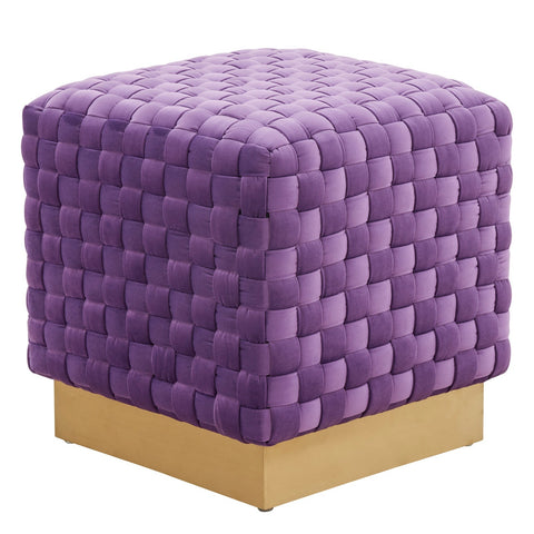 Myrtle 19" Square Weave Design Velvet Ottoman With Gold Base