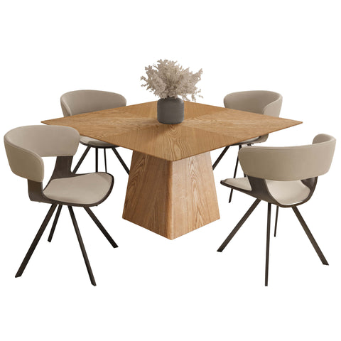 Zephry 5-Piece Dining Set with Square Wooden Table in Natural Wood and 4 Leather Dining Chairs