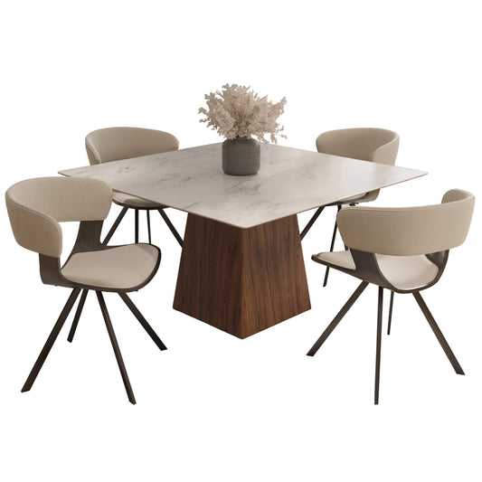 Zephry 5-Piece Dining Set with Square Dining Table White Sintered Stone Top and 4 Leather Dining Chairs