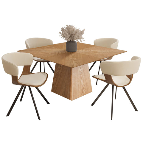 Zephry 5-Piece Dining Set with Square Wooden Table in Natural Wood and 4 Leather Dining Chairs