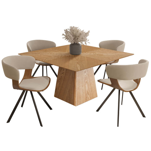 Zephry 5-Piece Dining Set with Square Wooden Table in Natural Wood and 4 Leather Dining Chairs